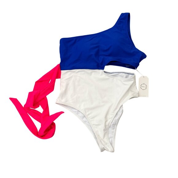 Lillusory One Shoulder Colorblock Swimsuit Size Medium Cut Out One Piece Neon Pi - Picture 4 of 9